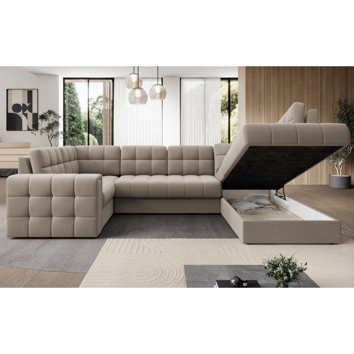 Canapé d’angle convertible MONTEZA beige 299 cm avec coffre et couchage 