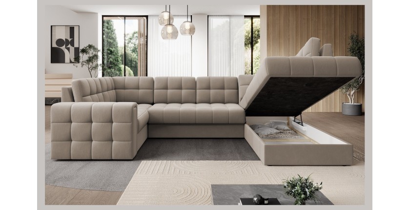 Canapé d’angle convertible MONTEZA beige 299 cm avec coffre et couchage 