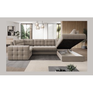 Canapé d’angle convertible MONTEZA beige 299 cm avec coffre et couchage 