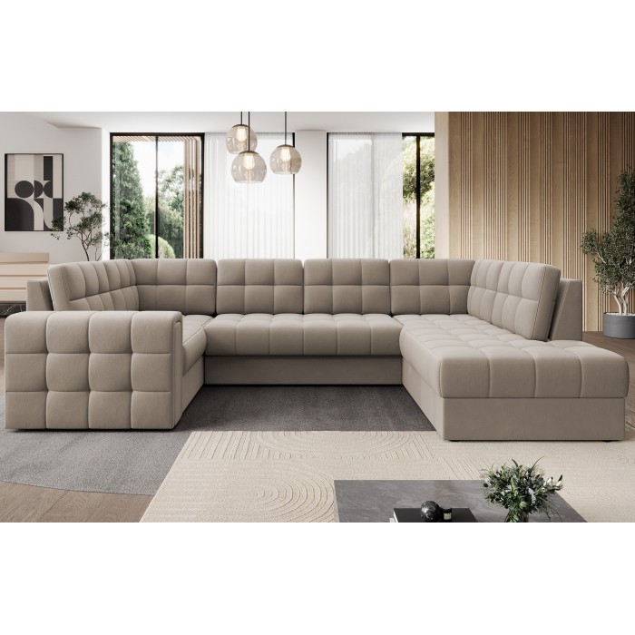 Canapé d’angle convertible MONTEZA beige 299 cm avec coffre et couchage 