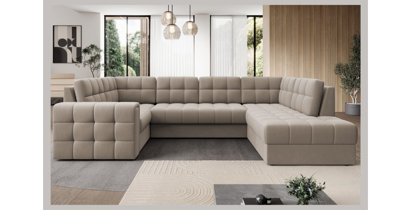 Canapé d’angle convertible MONTEZA beige 299 cm avec coffre et couchage 