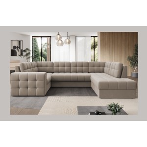Canapé d’angle convertible MONTEZA beige 299 cm avec coffre et couchage 