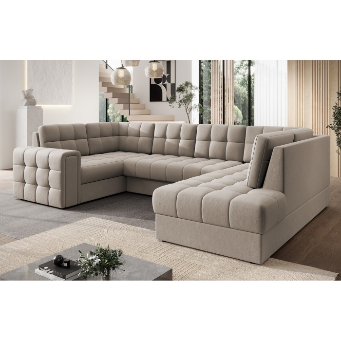 Canapé d’angle convertible MONTEZA beige 299 cm avec coffre et couchage 