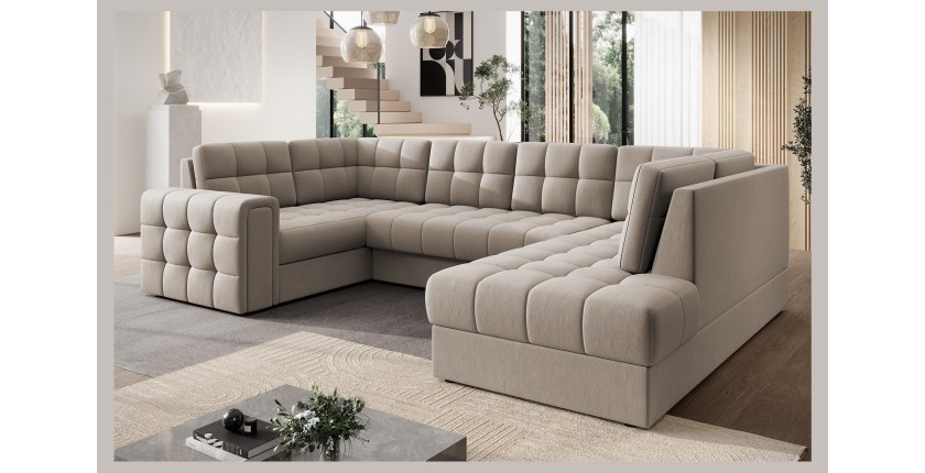 Canapé d’angle convertible MONTEZA beige 299 cm avec coffre et couchage 