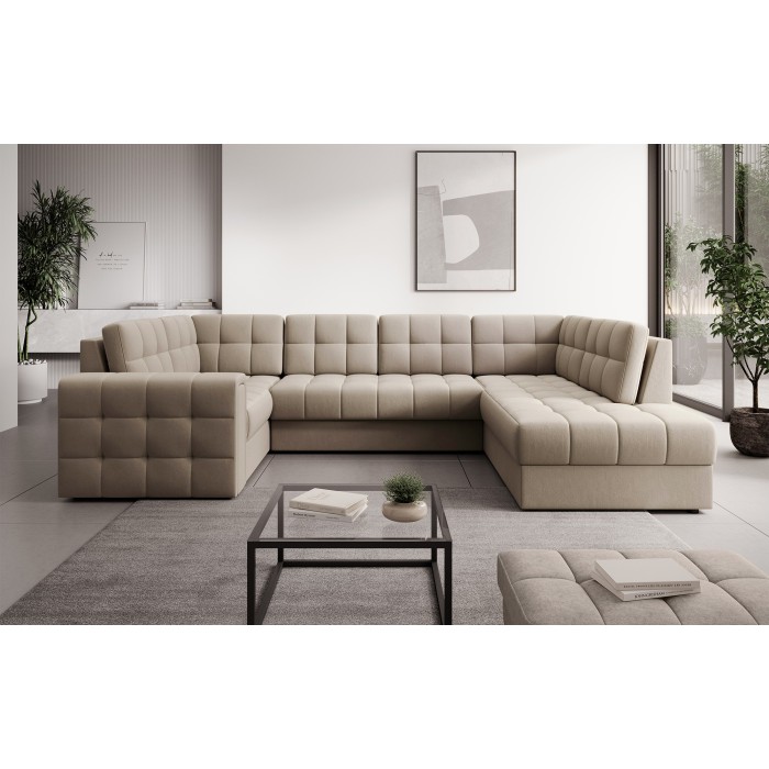 Canapé d’angle convertible MONTEZA beige 299 cm avec coffre et couchage 