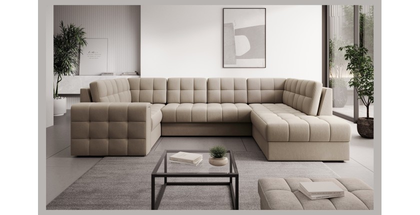Canapé d’angle convertible MONTEZA beige 299 cm avec coffre et couchage 