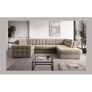 Canapé d’angle convertible MONTEZA beige 299 cm avec coffre et couchage 