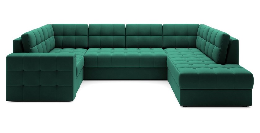 Canapé d’angle convertible MONTEZA vert 299 cm avec coffre et couchage 