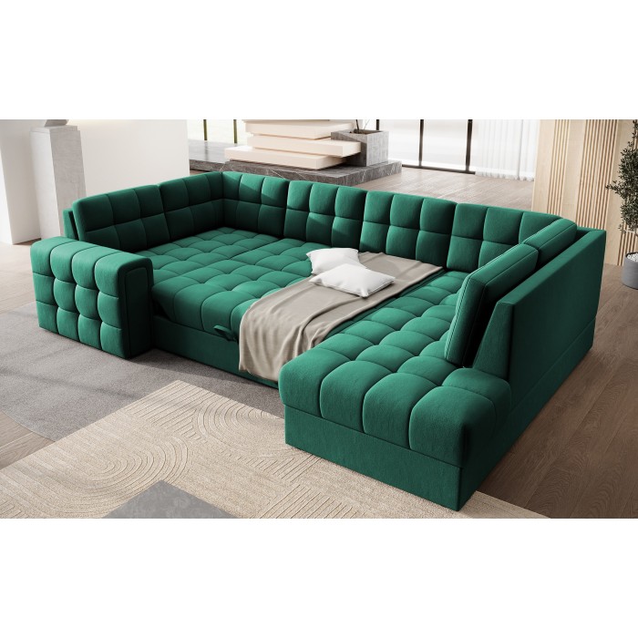 Canapé d’angle convertible MONTEZA vert 299 cm avec coffre et couchage 