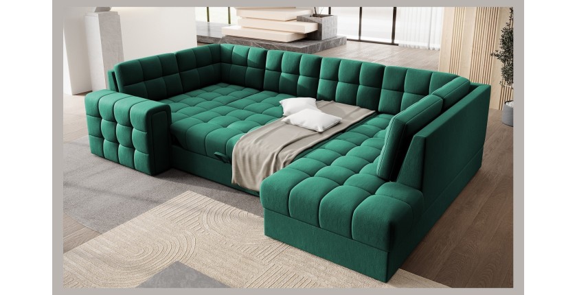 Canapé d’angle convertible MONTEZA vert 299 cm avec coffre et couchage 