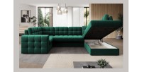 Canapé d’angle convertible MONTEZA vert 299 cm avec coffre et couchage 