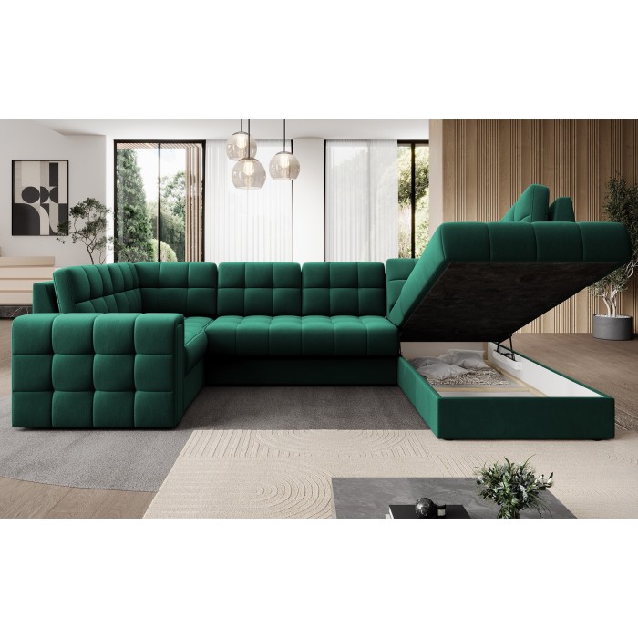 Canapé d’angle convertible MONTEZA vert 299 cm avec coffre et couchage 