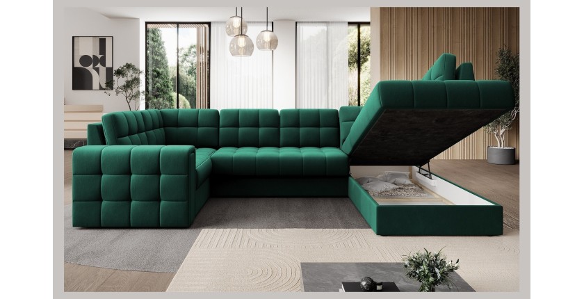 Canapé d’angle convertible MONTEZA vert 299 cm avec coffre et couchage 