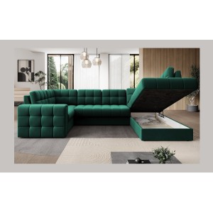 Canapé d’angle convertible MONTEZA vert 299 cm avec coffre et couchage 