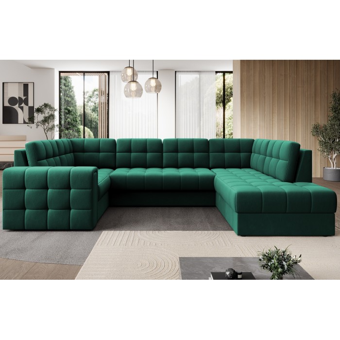Canapé d’angle convertible MONTEZA vert 299 cm avec coffre et couchage 