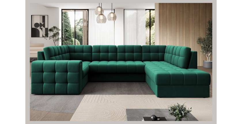 Canapé d’angle convertible MONTEZA vert 299 cm avec coffre et couchage 