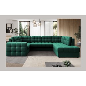 Canapé d’angle convertible MONTEZA vert 299 cm avec coffre et couchage 