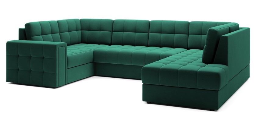 Canapé d’angle convertible MONTEZA vert 299 cm avec coffre et couchage 