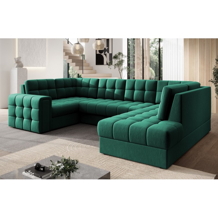 Canapé d’angle convertible MONTEZA vert 299 cm avec coffre et couchage 
