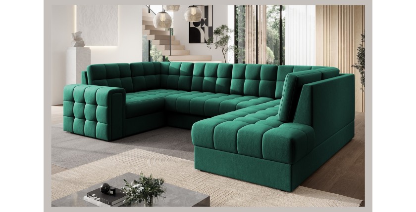 Canapé d’angle convertible MONTEZA vert 299 cm avec coffre et couchage 