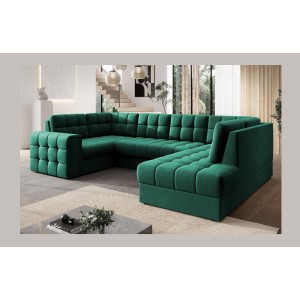 Canapé d’angle convertible MONTEZA vert 299 cm avec coffre et couchage 