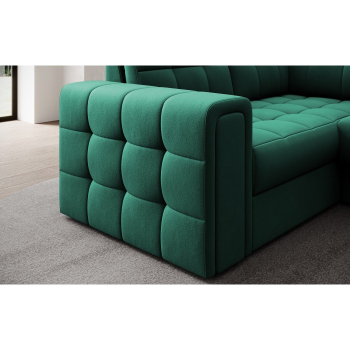 Canapé d’angle convertible MONTEZA vert 299 cm avec coffre et couchage 