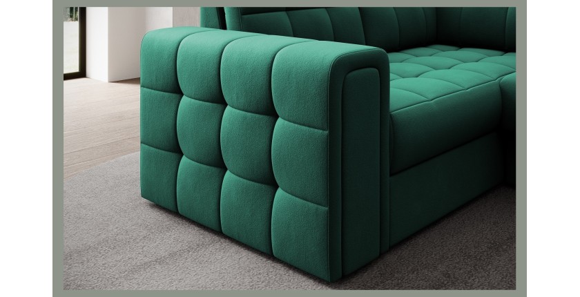 Canapé d’angle convertible MONTEZA vert 299 cm avec coffre et couchage 