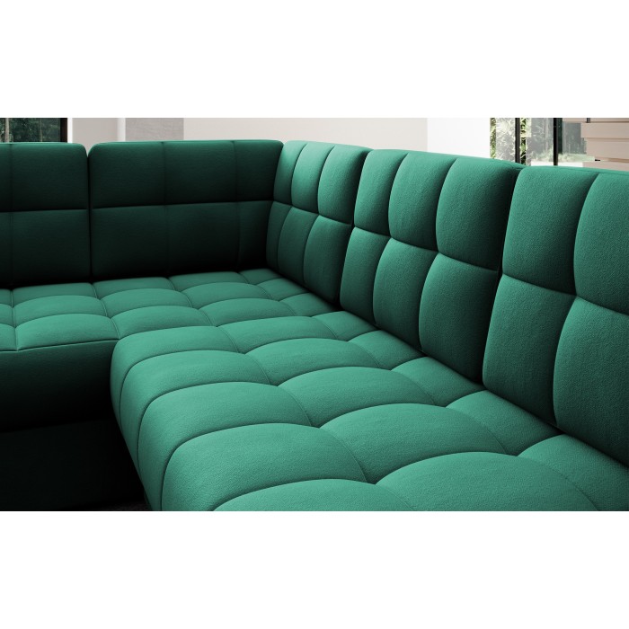Canapé d’angle convertible MONTEZA vert 299 cm avec coffre et couchage 