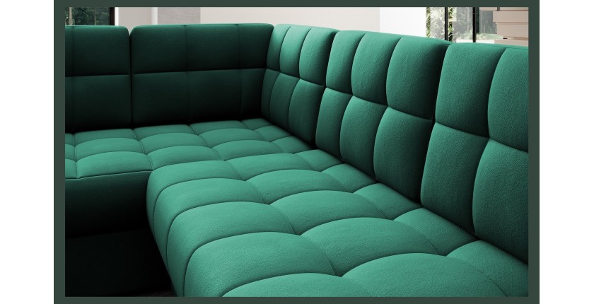 Canapé d’angle convertible MONTEZA vert 299 cm avec coffre et couchage 