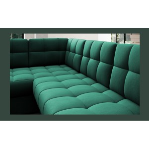 Canapé d’angle convertible MONTEZA vert 299 cm avec coffre et couchage 