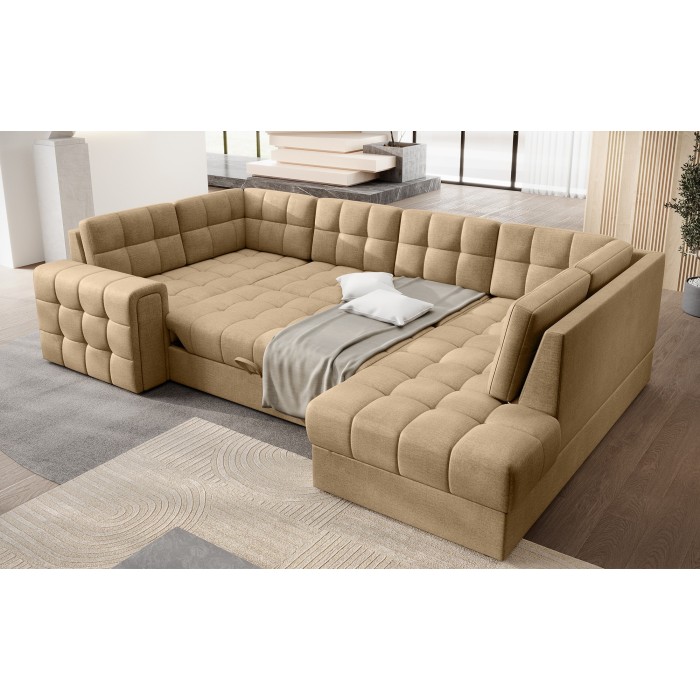 Canapé d’angle convertible MONTEZA marron clair 299 cm avec coffre et couchage 