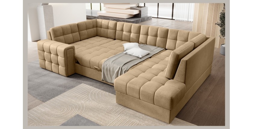 Canapé d’angle convertible MONTEZA marron clair 299 cm avec coffre et couchage 