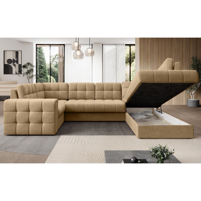 Canapé d’angle convertible MONTEZA marron clair 299 cm avec coffre et couchage 
