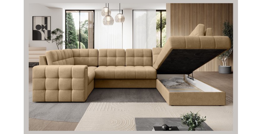 Canapé d’angle convertible MONTEZA marron clair 299 cm avec coffre et couchage 