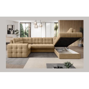 Canapé d’angle convertible MONTEZA marron clair 299 cm avec coffre et couchage 