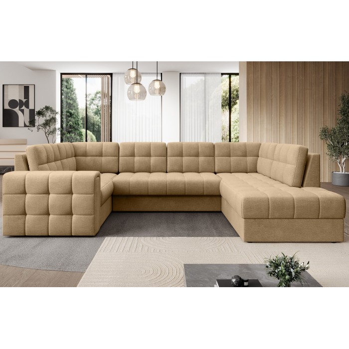 Canapé d’angle convertible MONTEZA marron clair 299 cm avec coffre et couchage 