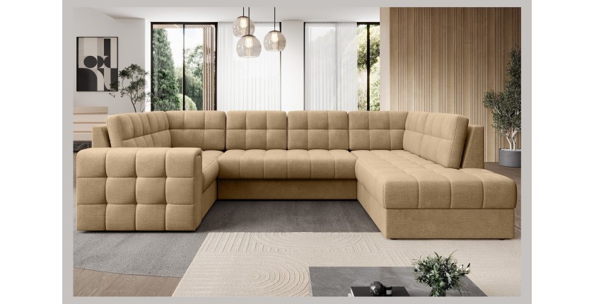 Canapé d’angle convertible MONTEZA marron clair 299 cm avec coffre et couchage 