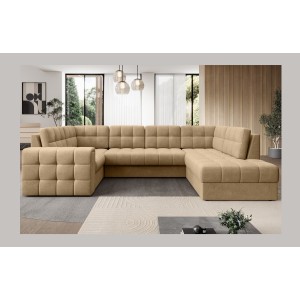 Canapé d’angle convertible MONTEZA marron clair 299 cm avec coffre et couchage 
