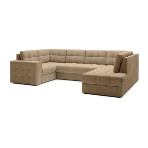 Canapé d’angle convertible MONTEZA marron clair 299 cm avec coffre et couchage 