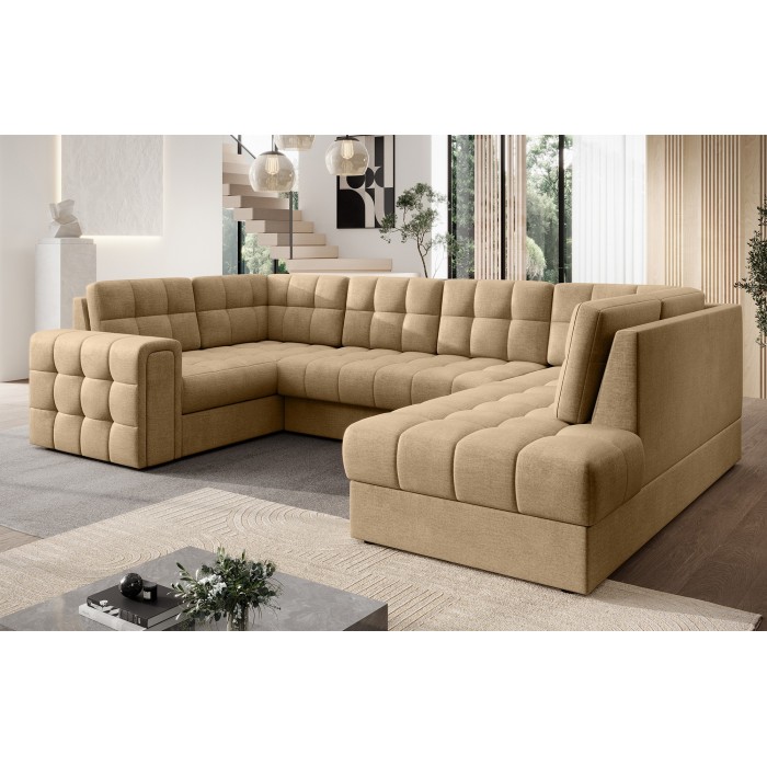 Canapé d’angle convertible MONTEZA marron clair 299 cm avec coffre et couchage 