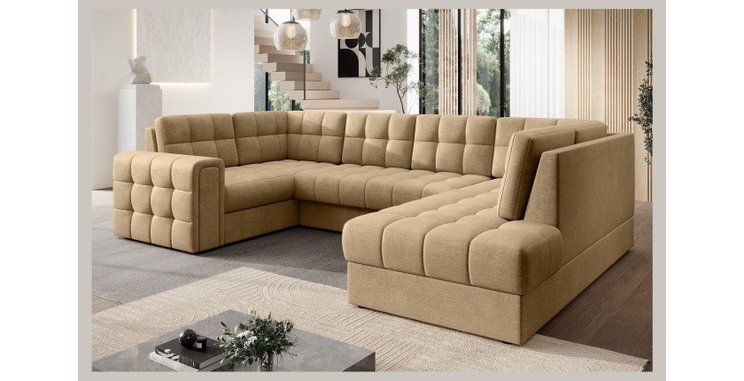 Canapé d’angle convertible MONTEZA marron clair 299 cm avec coffre et couchage 