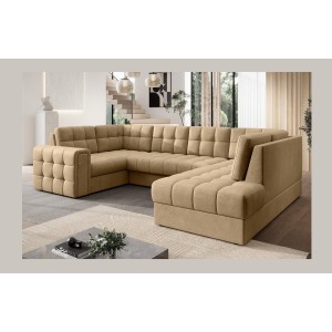 Canapé d’angle convertible MONTEZA marron clair 299 cm avec coffre et couchage 