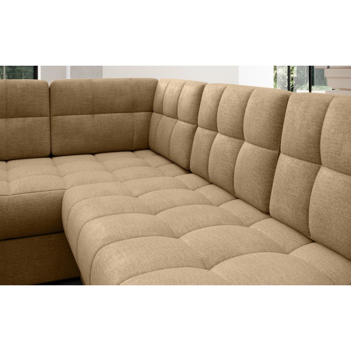 Canapé d’angle convertible MONTEZA marron clair 299 cm avec coffre et couchage 