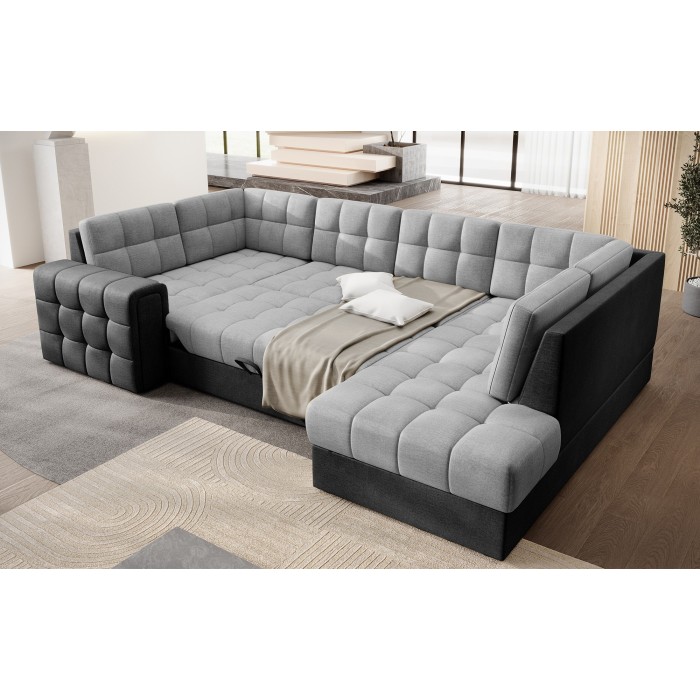 Canapé d’angle convertible MONTEZA noir et gris 299 cm avec coffre et couchage 