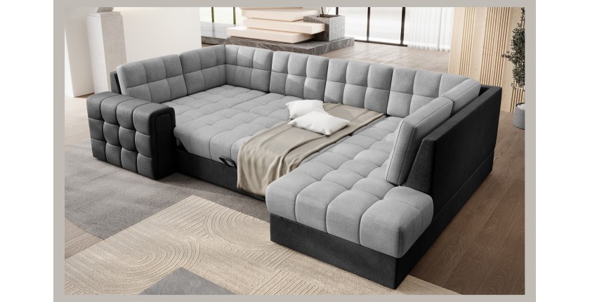 Canapé d’angle convertible MONTEZA noir et gris 299 cm avec coffre et couchage 