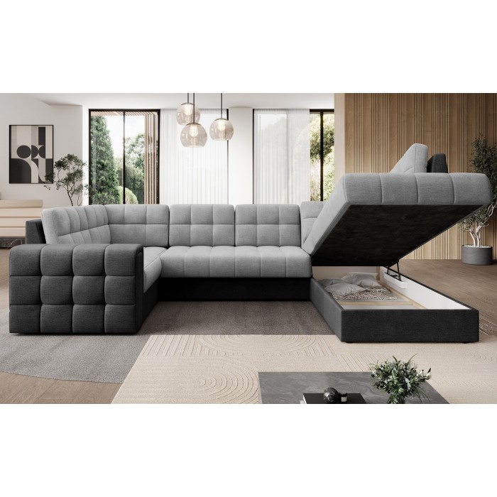 Canapé d’angle convertible MONTEZA noir et gris 299 cm avec coffre et couchage 