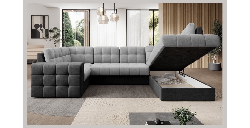Canapé d’angle convertible MONTEZA noir et gris 299 cm avec coffre et couchage 