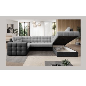Canapé d’angle convertible MONTEZA noir et gris 299 cm avec coffre et couchage 