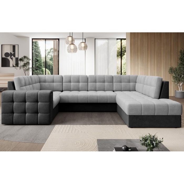 Canapé d’angle convertible MONTEZA noir et gris 299 cm avec coffre et couchage 