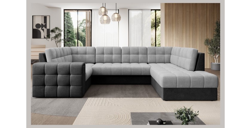 Canapé d’angle convertible MONTEZA noir et gris 299 cm avec coffre et couchage 